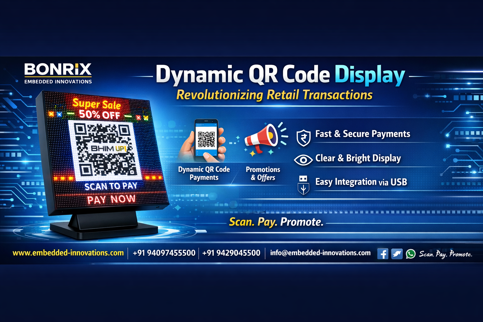 Bonrix Dynamic QR Code Display with LED Matrix 64x64 RGB for retail billing counters